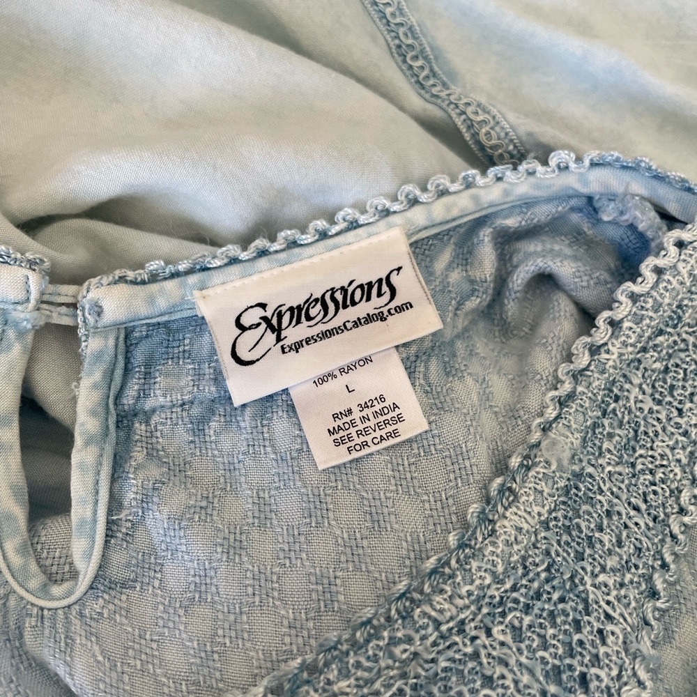 Expressions Chambray Denim Lightweight Rayon Dress Embroidery Waves Large - Picture 5 of 5